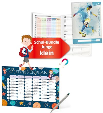 Schulstart Bundle für Jungs - Geschenk - Perfekt für den Schulanfang - Hochwertiges Hausaufgabenheft und Magnetischer, abwischbarer Stundenplan mit Stift - Grundschule [Kleines Set] PRIMUS PRINT