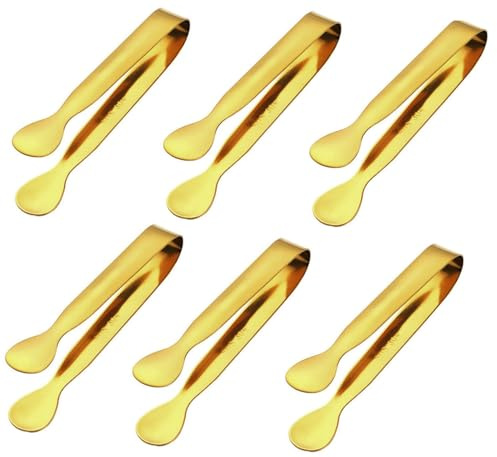 6er Set Edelstahl Zuckerzange Eiszange CandyBar Eiswürfelzange Vorspeisen Zangen Klein Servierzange für Zucker, Eiswürfel, Salat, Party Kaffee Bar Küche (Gold)