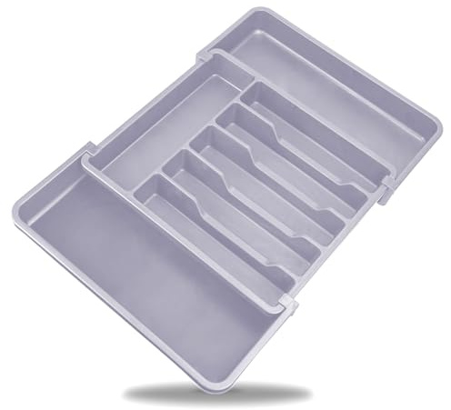 AMMEWORLD Expandable Cutlery Tray - Adjustable Cutlery Drawer Organiser for Forks, Spoons and Knives - Plastic Utensils Divider with 8 Compartments - Compact Kitchen Drawer Organiser (Grey)