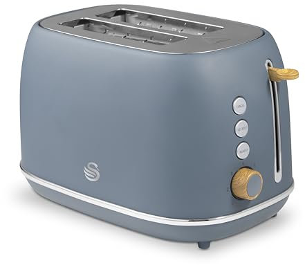 Swan Fjord 2 Slice Toaster with 7 Browning Levels for Toast, Bagels, Breakfast Muffins, Defrost/Reheat/Cancel, Removable Crumb Tray, Non-Slip Feet, 800W, Grey with Wooden Accents, ST19030GRY