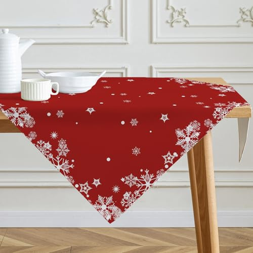 Kiatuniya Tischdecke Weihnachten Mitteldecke Schneeflocken Rot Weihnachtstischdecke Modern Saisonnal Leinenoptik Weihnachtstischdecken Tischwäsche Winter Küche Tisch Dekoration Party Dekor 85x85 cm
