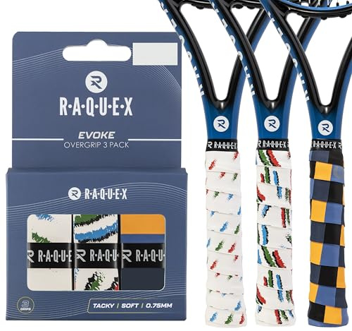 Raquex Evoke Greppband – Overgrip för tennisracketar – Halkfria grepplinda för tennisracketar, badminton och squash – 3-pack (Ongetemde Strepen)