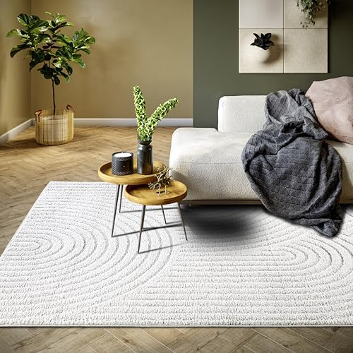 Elle Decoration Panglao moderner Kurzflor Teppich - Wohnzimmerteppich Flauschig – Hoch-Tief Effekt Skandi Boho Geometrisch Wellen, Bogen - für Wohnzimmer, Schlafzimmer, Küche - Weiß, 120x170cm