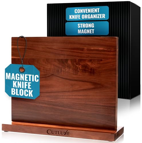 Cutluxe Magnetic Knife Holder – Magnetic Knife Block, Acacia Wood Knife Stand for Kitchen Counter, Slim & Double Sided, Powerful Magnet Strips, Organized Storage Rack & Modern Display Board