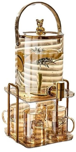 Beverage Dispenser with 4 Glasses, 3.5L Glass Drink Dispenser with Tap and Stand, Glass Cold Kettle Water Jug Cup for Cocktail Punch, High Temperature Resistance Juice Dispenser, Party gold