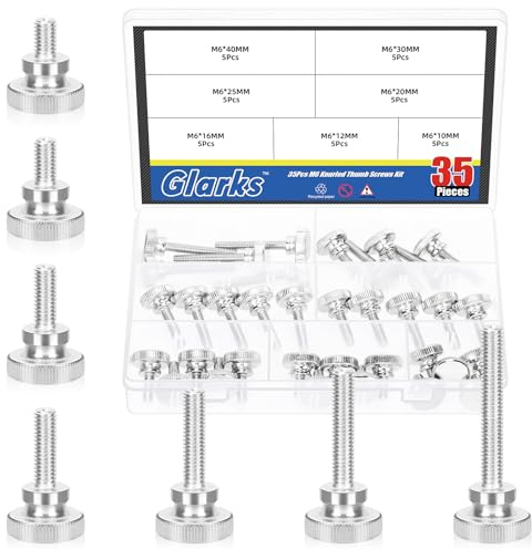 Glarks 35pcs M6 x 10/12/16/20/25/30/40MM Knurled Round Thumb Screws, Fully Threaded Thumb Screw Bolts, Flat Knurled Head Thumb Screws Bolts, Shoulder Grip Knobs Fasteners for Electronic, Mechanical