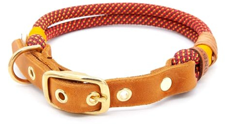 Hundehalsband aus Tau & edlem Leder | Golden Fireball | verstellbar & robust | Elegantes, handgefertigtes Design | Halsband Hund für mittelgroße & große Hunde mit Schnalle – rot