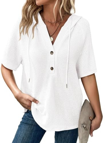 Dokotoo Women's Hoodies Waffle Knit Ladies T-Shirts Drawstring Button Womens Pullover Sweatshirt V Neck Short Sleeve Jumpers Women Hooded Tops Plain Lady Hoodie Top Tee Shirts White L