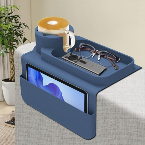 Foyucool Armlehnen Tablett aus Silikon, Blau | Sofatablett mit 2 Seitentaschen, Anti-Spill & Anti-Rutsch, Große Speicherkapazität für Tasse, Telefon, Tablet, Snacks