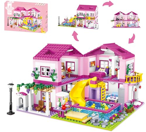 CSNRHG Pink Summer Pool Villa Building Block Set Friends Construction Educational Toy 1018 Pieces Gifts for Girls Teens Kids Adults Ages 6+