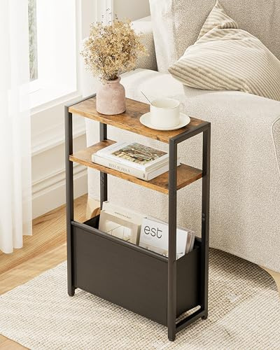 Apetaccat Mesa Auxiliar con Espacio de Almacenamiento, Mesa Auxiliar Estrecha de 3 Niveles con Bolsa, mesita de Noche Estrecha, pequeña Mesa de café para Espacios pequeños, Dormitorio, salón, Oficina