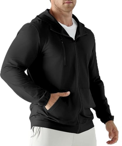 Jupmov Leichte Laufjacke Herren,Windbreaker Kapuzenpullover mit Reißverschluss Tasche Sport Hoodie Herren(Schwarz,XL)