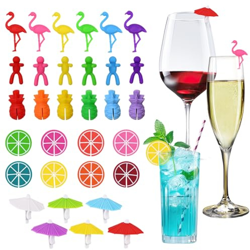 Eymobad 32 PCS Glasmarkierer Silikon, Glas Markierung TrinkgläSer, Silikon Markierer Trinkgläser Geeignet FüR Bar-Partydekorationen Wie WeingläSer ChampagnergläSer MartinigläSer Trinkglas Markierung