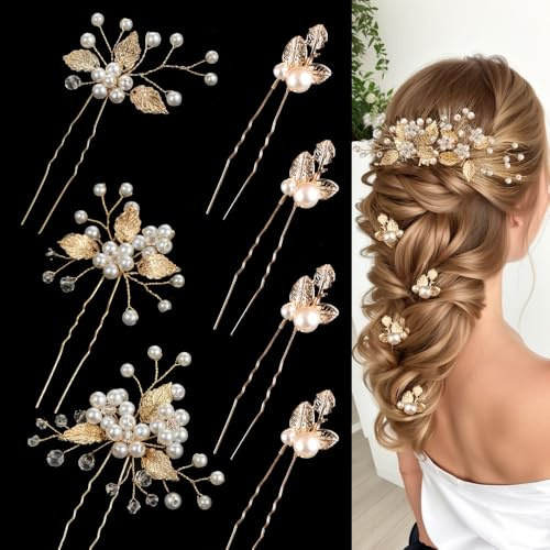 XFSRG 7 Pezzi Forcine Capelli Sposa Foglie Accessori Sposa Capelli Gioielli con Cristalli e Perle Accessori Nuziali a Forma Di U per Damigelle e Donne (Oro)