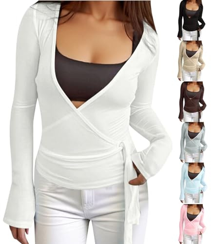 Generisch Y2k Ballett Wickeloberteil Damen - Yoga V-Ausschnitt Slim Fit Pilates Workout Sexy Bandage Langarm Einfarbig Wickelbluse Dancewear Tanzbekleidung​