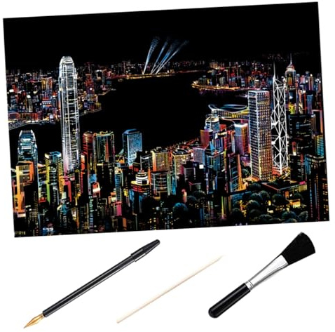 Healifty Kit de Manualidades para Rascar Pintura con Papel de Dibujo para Imagen Nocturna de Ciudad Incluye Herramienta de Bambú Bolígrafo Dorado y Pincel Negro para Creatividad Infantil