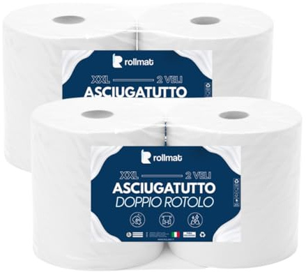 ROLLMAT – PACCO 4 ROTOLONI Asciugatutto Goffrati in Pura Cellulosa 2 Veli, 243 H cm × 26 Ø cm, 2×351 Strappi – Carta Cucina Professionale per Uso Domestico e Industriale, Alta Assorbenza e Resistenza