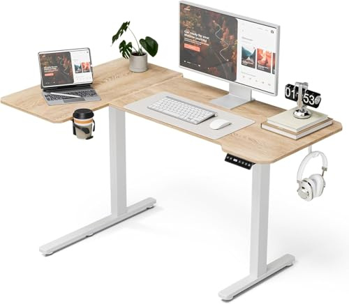 Acrolix Escritorio de esquina de altura ajustable, forma L, 130 x 80 cm, altura eléctrica, ajustable en altura, ergonómico, L con portavasos y ganchos, escritorio estable, marrón claro