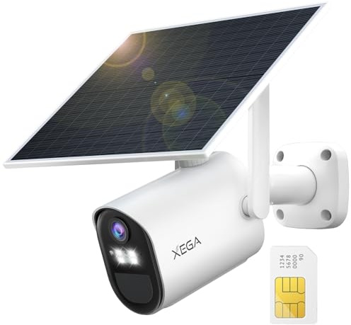 Xega 4G LTE Solar Überwachungskamera mit SIM Karte 2K Farbnachtsicht IP66 | 7800mAh Akku & 6W Solarpanel, PIR-Bewegungserkennung mit Bereichsfilter, 2-Wege-Audio, TF/Cloud Speicher