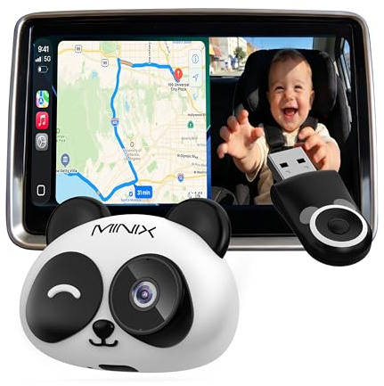 MINIX CA520 CarPlay Inalámbrico Cámara Bebé Coche para iPhone Solo (no Android Auto), Monitor Bebé Asiento Trasero 1080P, Visión Nocturna, Ángulo Amplio 150°, Baja Latencia para CarPlay cable original