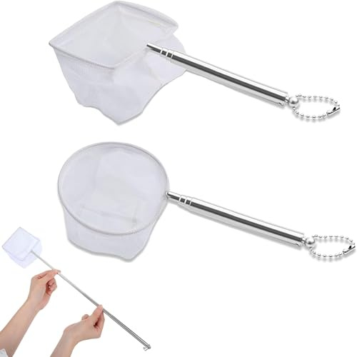 2 Pcs Aquarium Net,Telescopic Handle Fish Tank Nets (Square and Round) | Small Fish Net with Extendable Handle,Stainless Steel Fishing Nets,Tool Kits for Aquarium Maintenance,Pool,Tank Cleaning