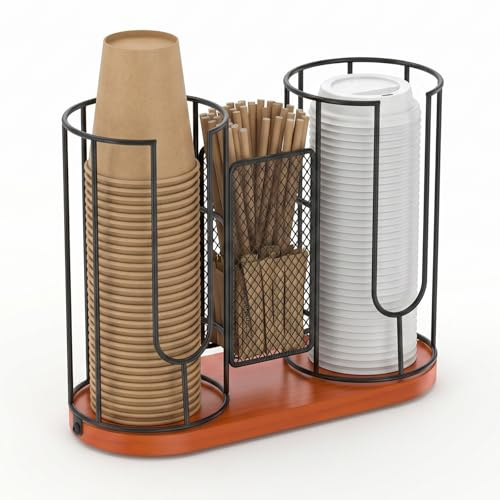 TNTGMG Becher und Deckelhalter,Becherhalter aus Metall mit Holzsockel,28×11,5×22 cm,Spender für Einweg-Pappbecher für Cafés,die Arbeitsplatte zu Hause, das Büro, Restaurants und die Küche