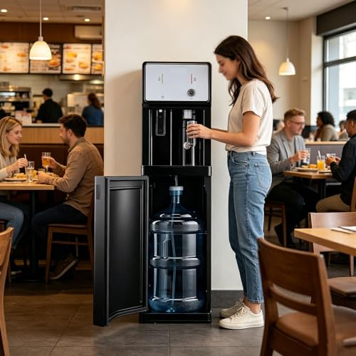Distributore d'acqua a caricamento automatico, refrigeratore d'acqua a pavimento con uscite for acqua calda, a temperatura ambiente e fredda for bottiglie da 3 o 5 galloni.