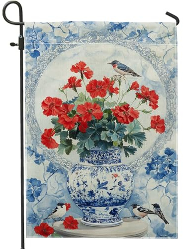 Bandera Jardín Flores De Verano: Geranios Rojos Y Pájaros Azules. Ligera Garden Banderas Anti Decoloración Bandera Divertidas Para Césped Playa 30X45Cm