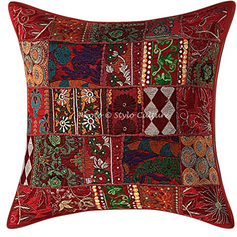 Stylo Culture Ethnico Funda Almohadon Decorativos 60x60 cm Algodón Abstracto Fundas para Almohadones Silla Granate 24x24 Inch Patchwork Vintage Cuadrado sobre Fundas para Almohadas De Cama - 1 Pc