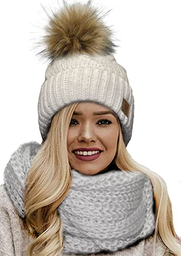 4sold Dam vinter ribbad handgjord stickad mössa & halsduk mohair ull mössa med tjock fuskpäls tofs pom pom inuti mysig fleecefoder, Set halsduk & hatt Birma Ecru, en storlek