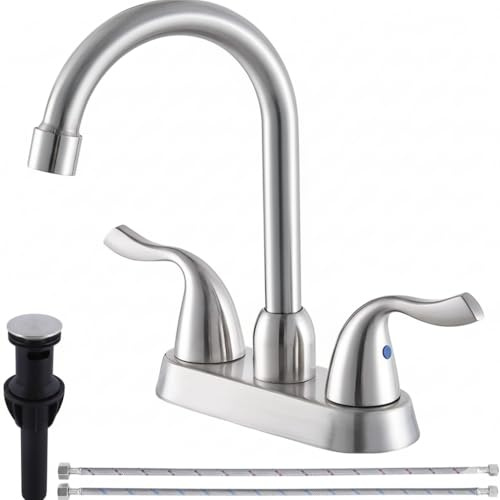 HOTIS HOME Brushed Nickel Bathroom Sink Faucet, 2 Handle 4 Inch Centerset Bathroom Faucet, 3 Hole Small Bathroom Sink Faucet with Supply Lines and Pop-up Drain, RV faucets for Camper Lavatory Vanity