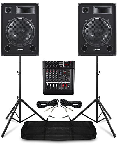 MAX Complete PA System For Band, Church & Singers - SP15 15 Speakers, Mixer Amp, Stands - Professional Live Music Sound Equipment Kit