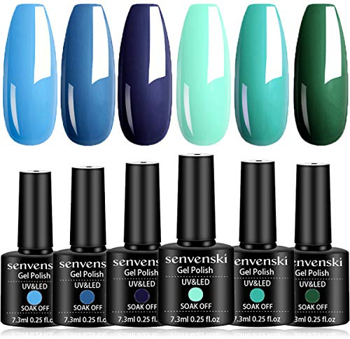 Senvenski Blue Gel Nail Polish Kit - UV/LED Nail Art Set with Navy Royal Cobalt Blue Army Green Teal Olive Emerald Turquoise Colours | Manicure Gift Kit for Women, Professional Salon Home Use(CS6-011)