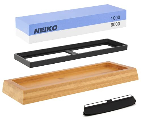 NEIKO 54002A Whetstone 1000/6000, Stone Knife Sharpening Kit, 2-Sided, Highly Durable Corundum Water Stone, Angle Guide & Non-Slip Bamboo Base, Knife Sharpening Stone Kit, Sharpening Wet Stone