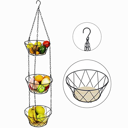 TheRombs Corbeille à fruits suspendue – Panier à fruits moderne avec chaîne longue (130 cm) et fond en bois véritable – Réglable individuellement – Pour le stockage des fruits