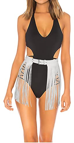 JasGood Cinturón de piel sintética con flecos punk para mujer, cinturón de falda de borla para mujeres y niñas para falda vestido vaquero pantalones bikini club fiesta, Blanco (Borla 40CM, M:115 cm