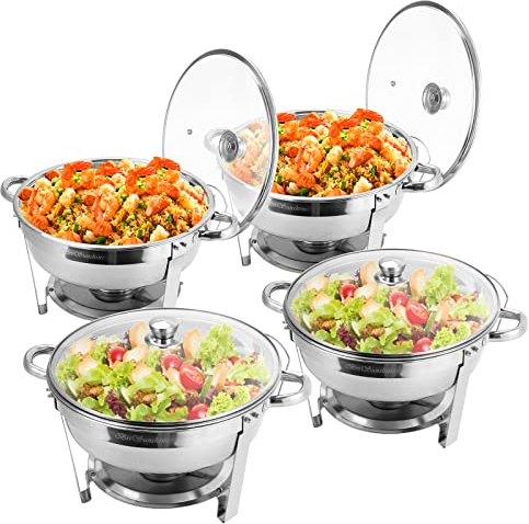 BriSunshine Chafing Dish Buffet Set 4 Packs, 5 QT Edelstahl Runde Chafing Dishes mit Glasdeckel & Deckelhalter, Speisewärmer für Partys, Buffet, Hochzeiten, Catering, Events