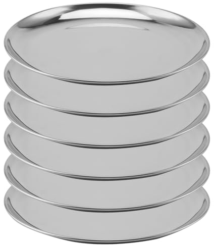 MOUYAT Lot de 6 grandes assiettes rondes en acier inoxydable de 30 cm, assiettes à salade, steak, plats réutilisables pour manger, servir, camping, barbecue, maison, cuisine, argent poli