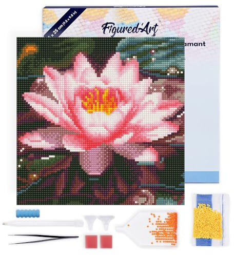 Figured'Art Mini Diamond Painting Erwachsene 25x25cm Mit Rahmen Ganze Leinwand gespannt Rosa Seerose 5D Bilder Runde Steine - DIY Set Basteln