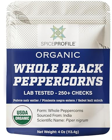 Spice Profile USDA Organic Black Peppercorns Whole, Lab Tested for Heavy Metals, Resealable 4oz Pouch, Kali Mirch, Pimienta Negra en Granos
