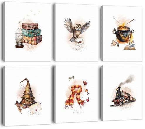 BINCUE Magische Eule Leinwandbild Magischer Fliegender Besen Wandkunst Leinwand-Wandkunst für Kinderzimmer Magisches Buch Eulen-Umschlag Bild für Baby-Schlafzimmer Wanddekoration 27x32CM