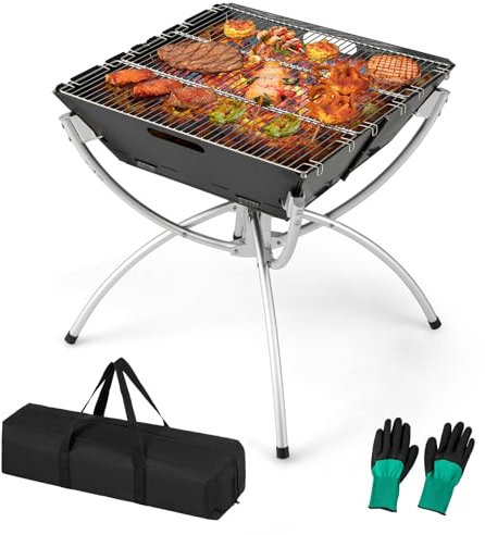 GOPLUS 3 en 1 chimenea de madera plegable al aire libre, Basero Barbacoa de camping plegable para cocina al aire libre, rejillas de acero inoxidable, patas de aluminio, 45 x 45 x 49 cm