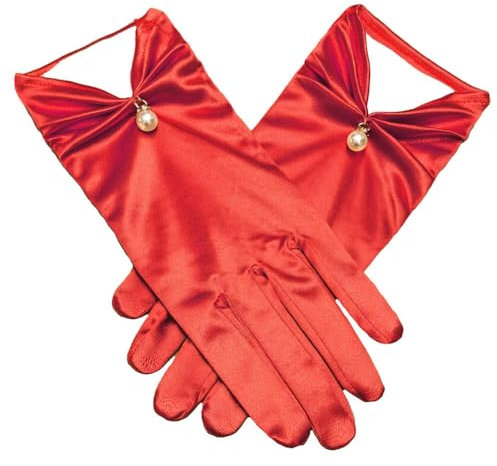 Asudaro Kurze Satinhandschuhe Abendhandschuhe Künstliche Perlen Dekoration Brauthandschuhe 22CM Hochzeitskleid Handschuhe Tea Party Tanzhandschuhe Oper Dinner Handschuhe Rot