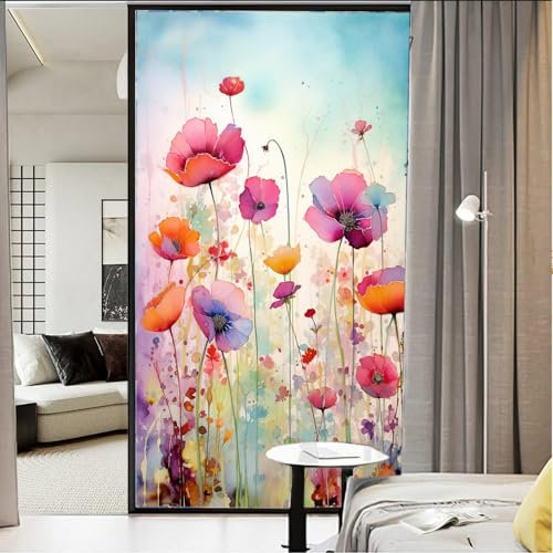 AEMYSKA Sichtschutzfolie mit abstrakten Aquarellblumen, rustikale Wildblume, moderne Buntglas-Fensterabdeckungen, kein Kleber, statische Haftung, Fensterfolie für Zuhause, Büro, Geschäfte, 45 x 60 cm