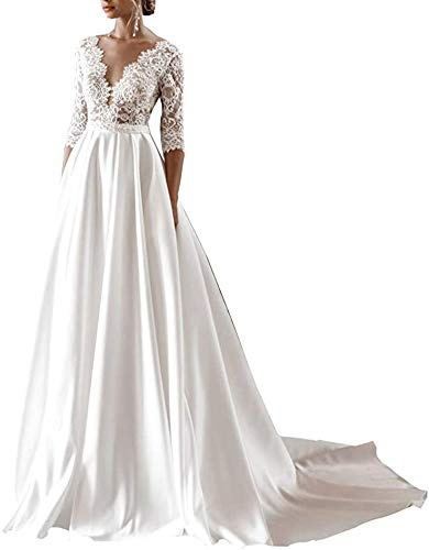 Standesamtliche Satin Strand A-Linie Spitzen Brautmode mit Schleppe, WZEFEIO, Elfenbein, 42