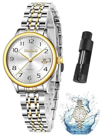 Taxau Armbanduhr Damen Silber Wasserdicht Gold Und Silberfarbener Edelstahl Metallarmband Damenuhr Silber Arabische Zahlen Zifferblatt Mit Datum Klassisch Quarz Nur für Damen Designed