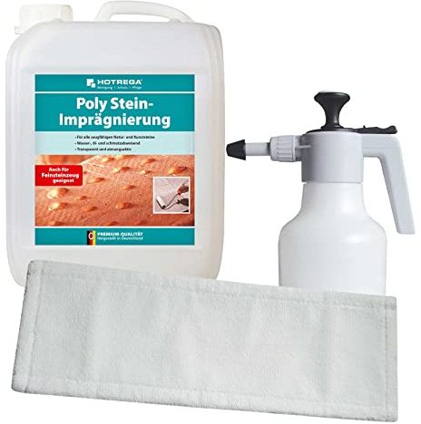 HOTREGA Poly Stein-Imprägnierung 5L | Natur- & Kunststein Schutzmittel | Set mit Drucksprüher & Wischmopp | Wasser-, öl- und schmutzabweisend | Für Feinsteinzeug | Transparent + Atmungsaktiv