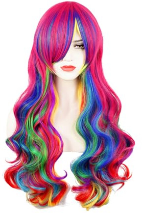 ATAYOU Lang Regenbogen Perücke Damen Bunt Perücke Halloween Karneval Regenbogen Kostüm Damen
