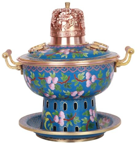 LOKORI Chafing Dishes Cloisonne Copper Hot Pot Single Person Small Copper Pot Old Beijing Copper Hot Pot Commercial Household Alcohol Stove Anti-Scald Carrying Handle,E