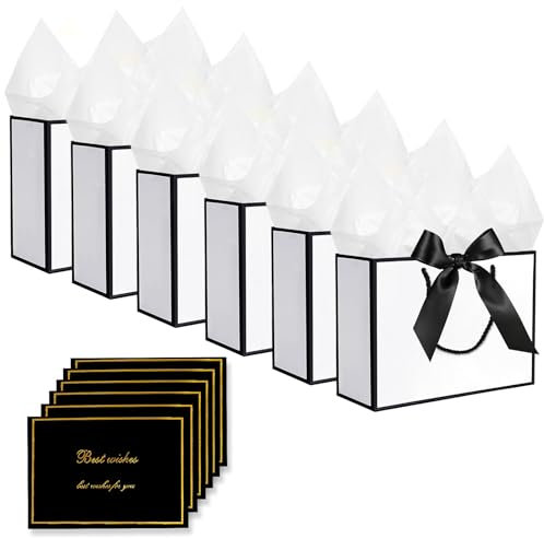 Geschenktüten, 6 Stück Geschenk Tüte + 6 Grußkarten + 6 Taschentüchern, Kreuzbodenbeutel, Geschenktüte Groß, Geschenktaschen Groß, Papiertüten mit Henkel für Geburtstag Hochzeit Feier Party